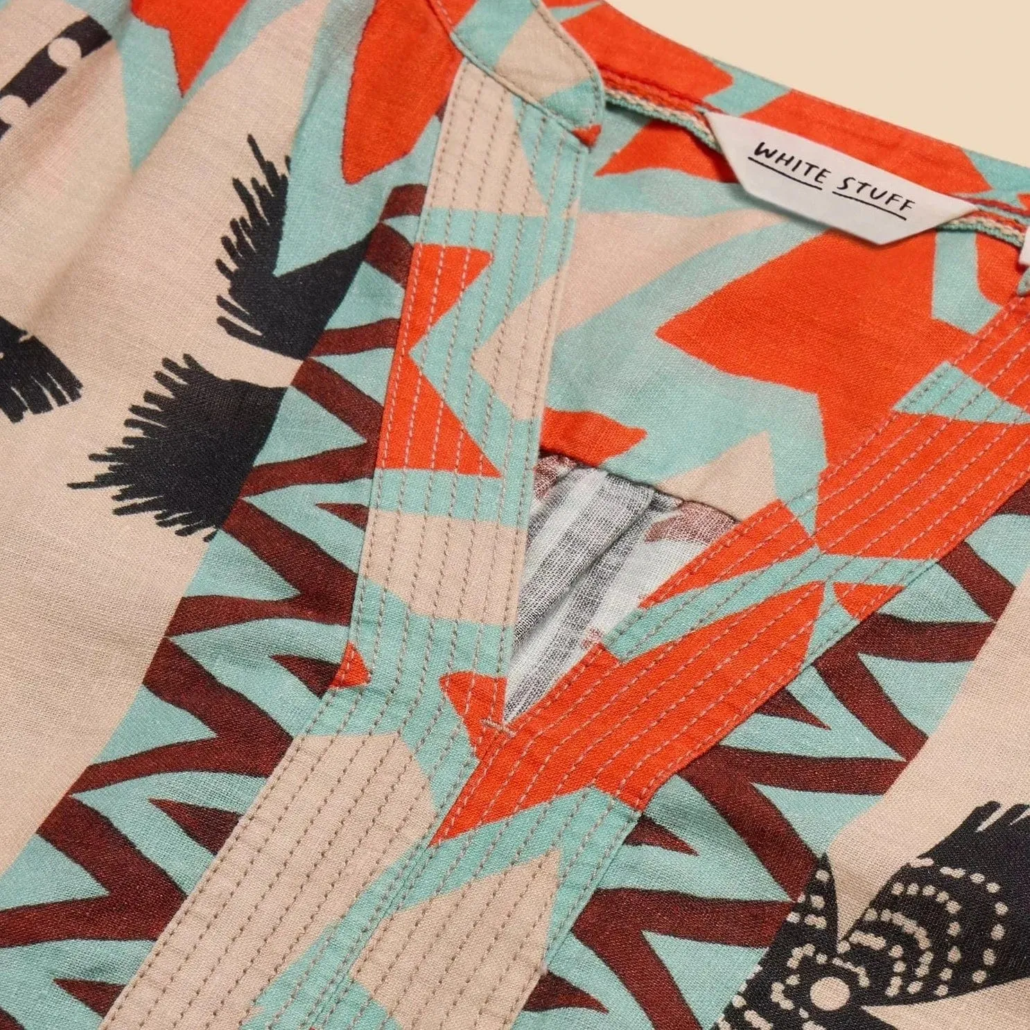 White Stuff June Linen Printed Notch Neck Dress in Natural Multi